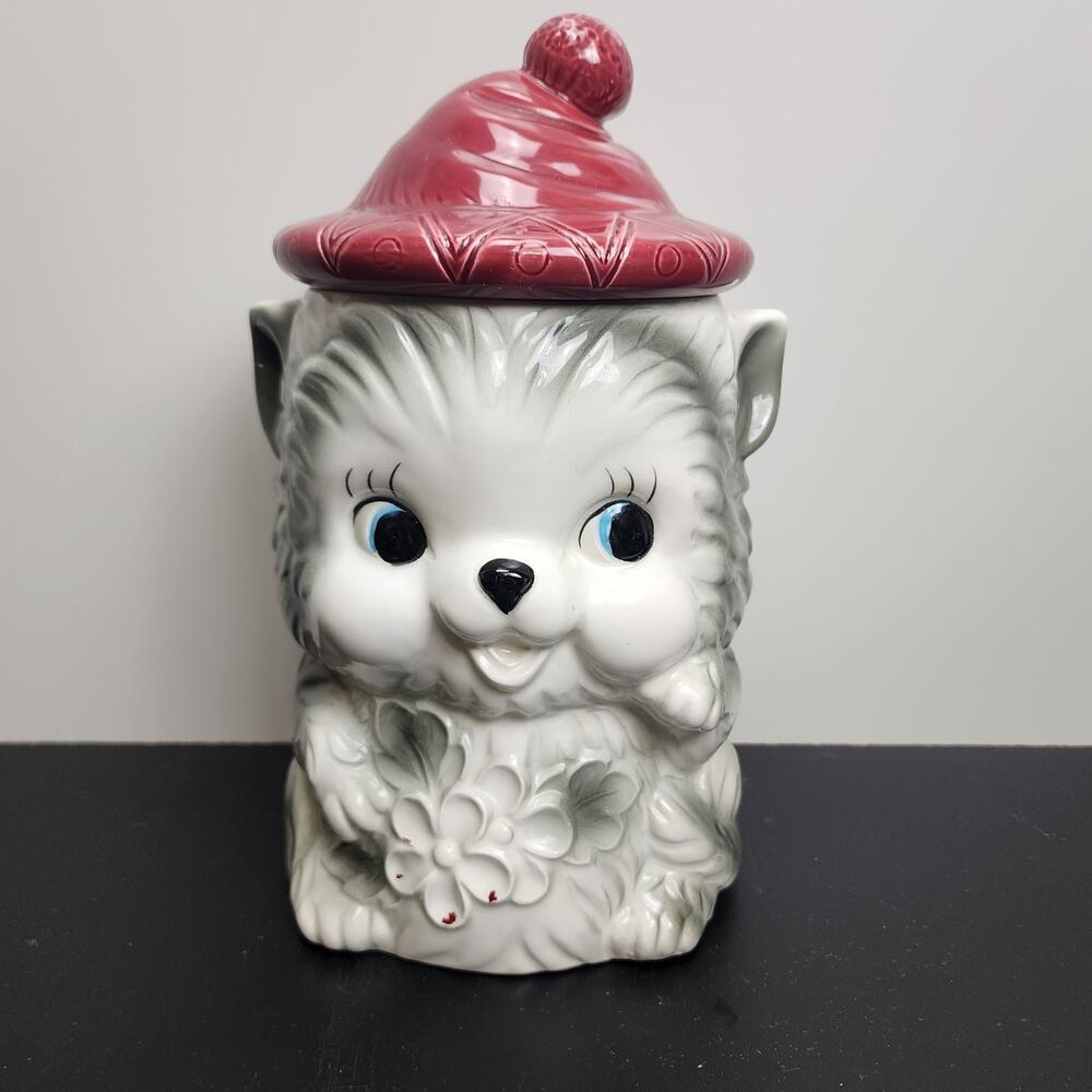 Vintage 1950's Davar Ceramic Gray Kitten Cookie Jar Whimsical Ceramic Cat Japan